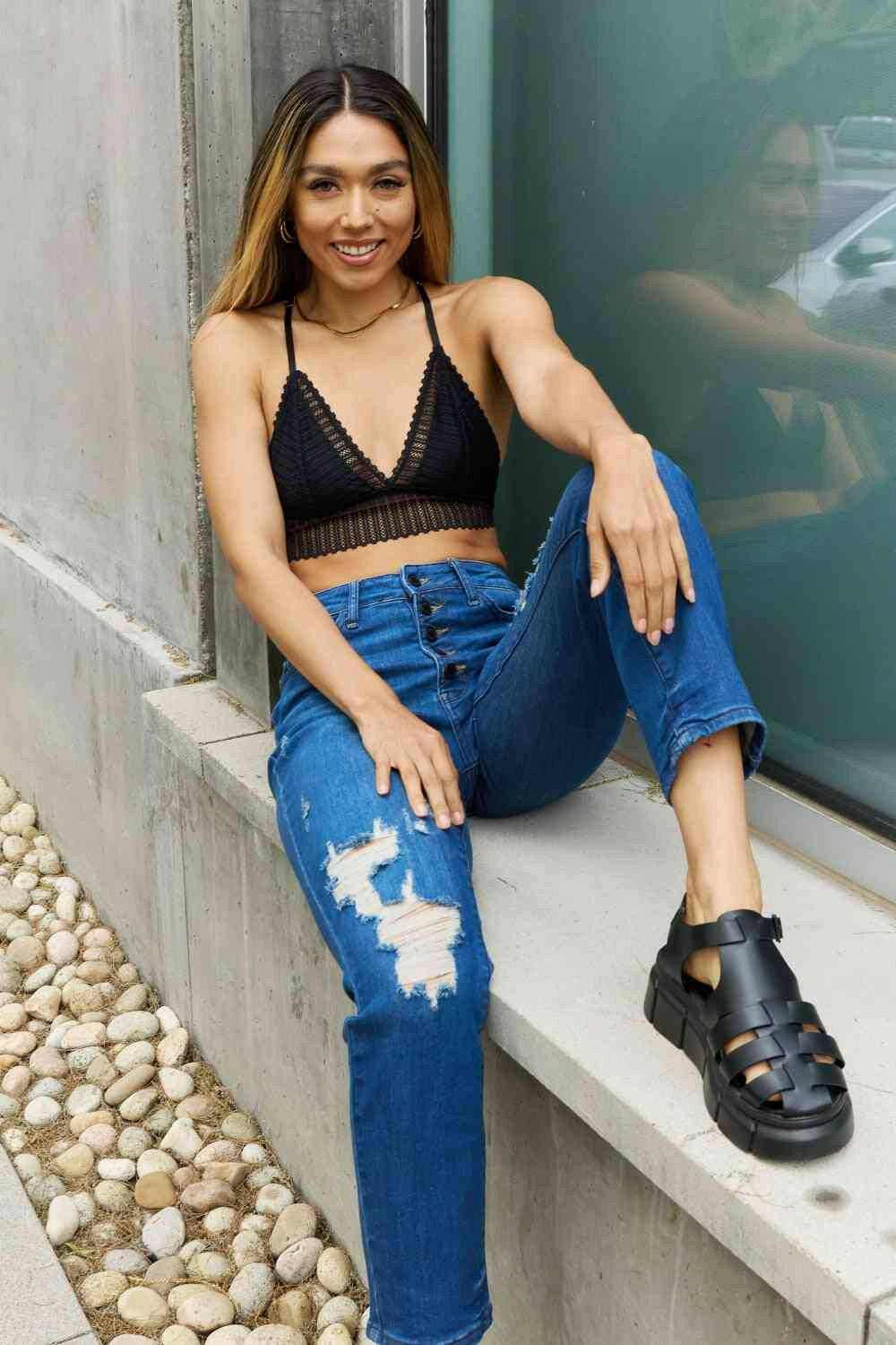 Midnight Blossom Lace Racerback Bralette with Ribbed Detail - Love Salve